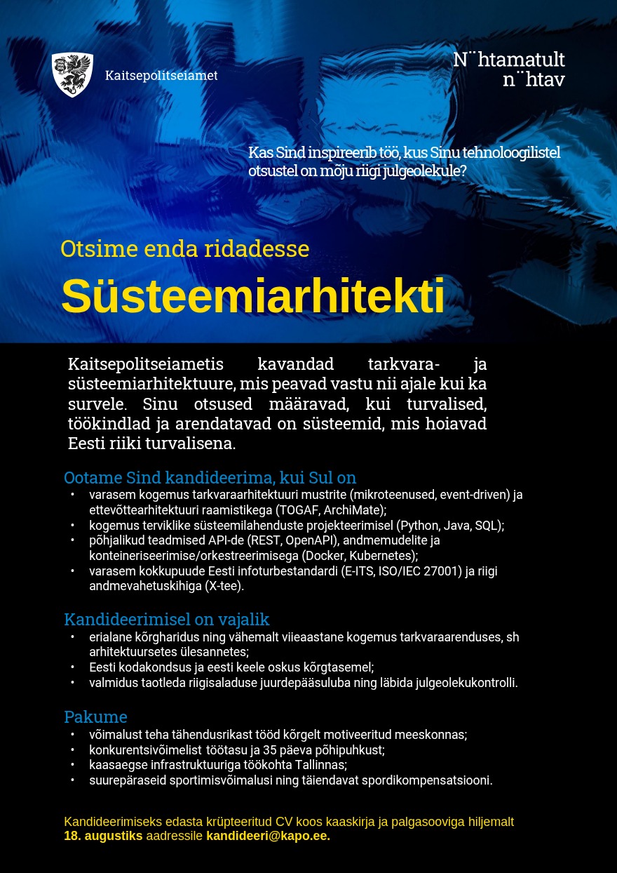 Tööpakkumise Süsteemiarhitekt kirjeldus