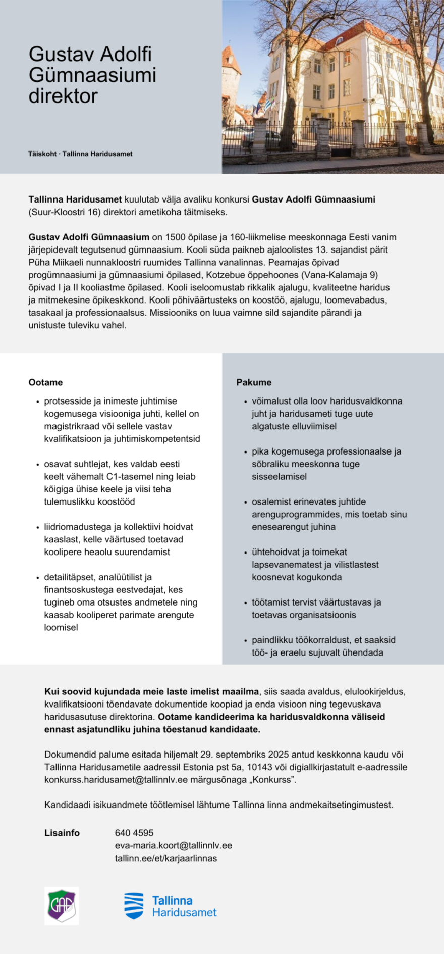 Tööpakkumise Gustav Adolfi Gümnaasiumi direktor kirjeldus