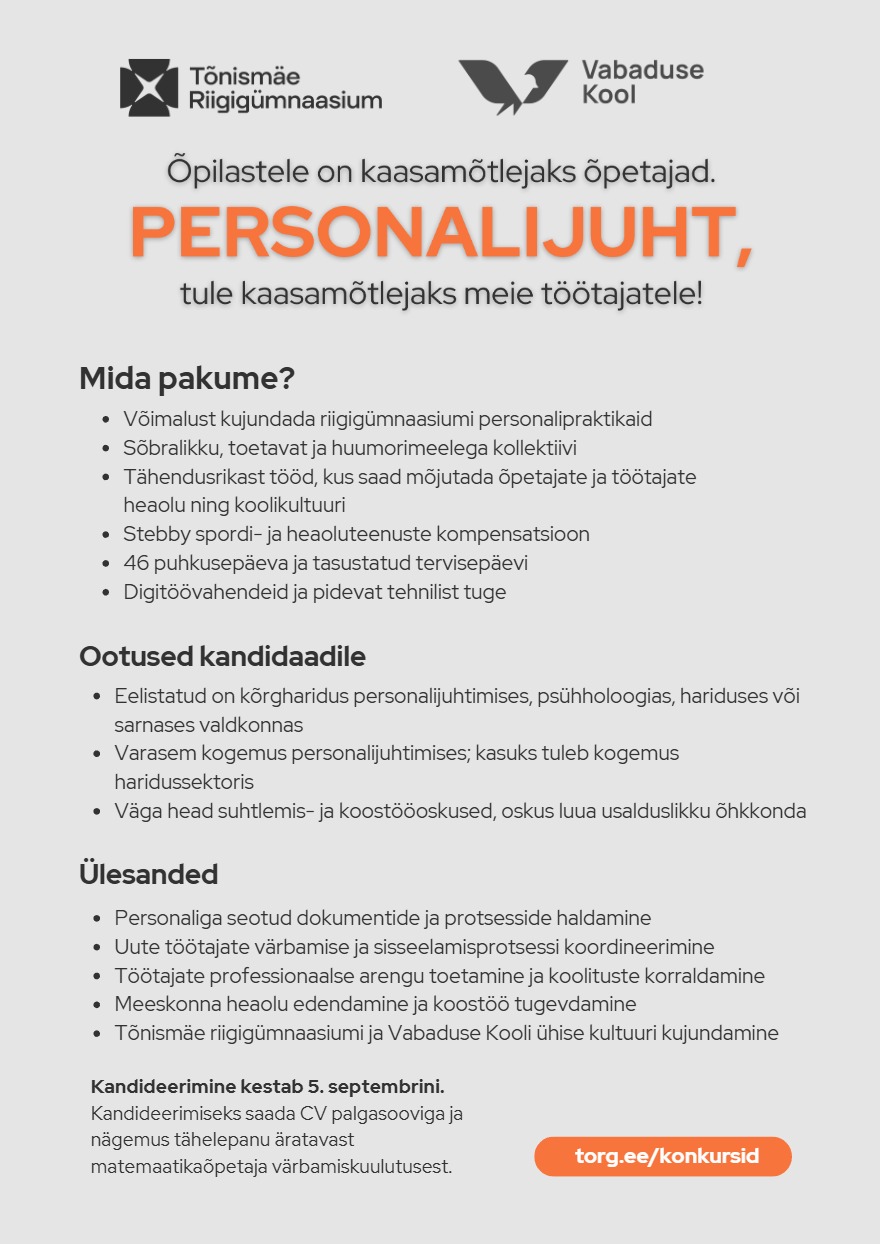 Tööpakkumise Personalijuht kirjeldus