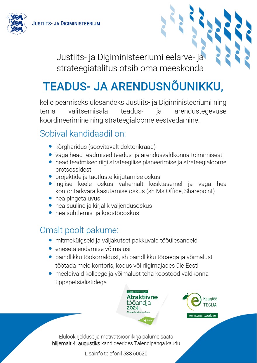 Tööpakkumise Teadus- ja arendusnõunik kirjeldus