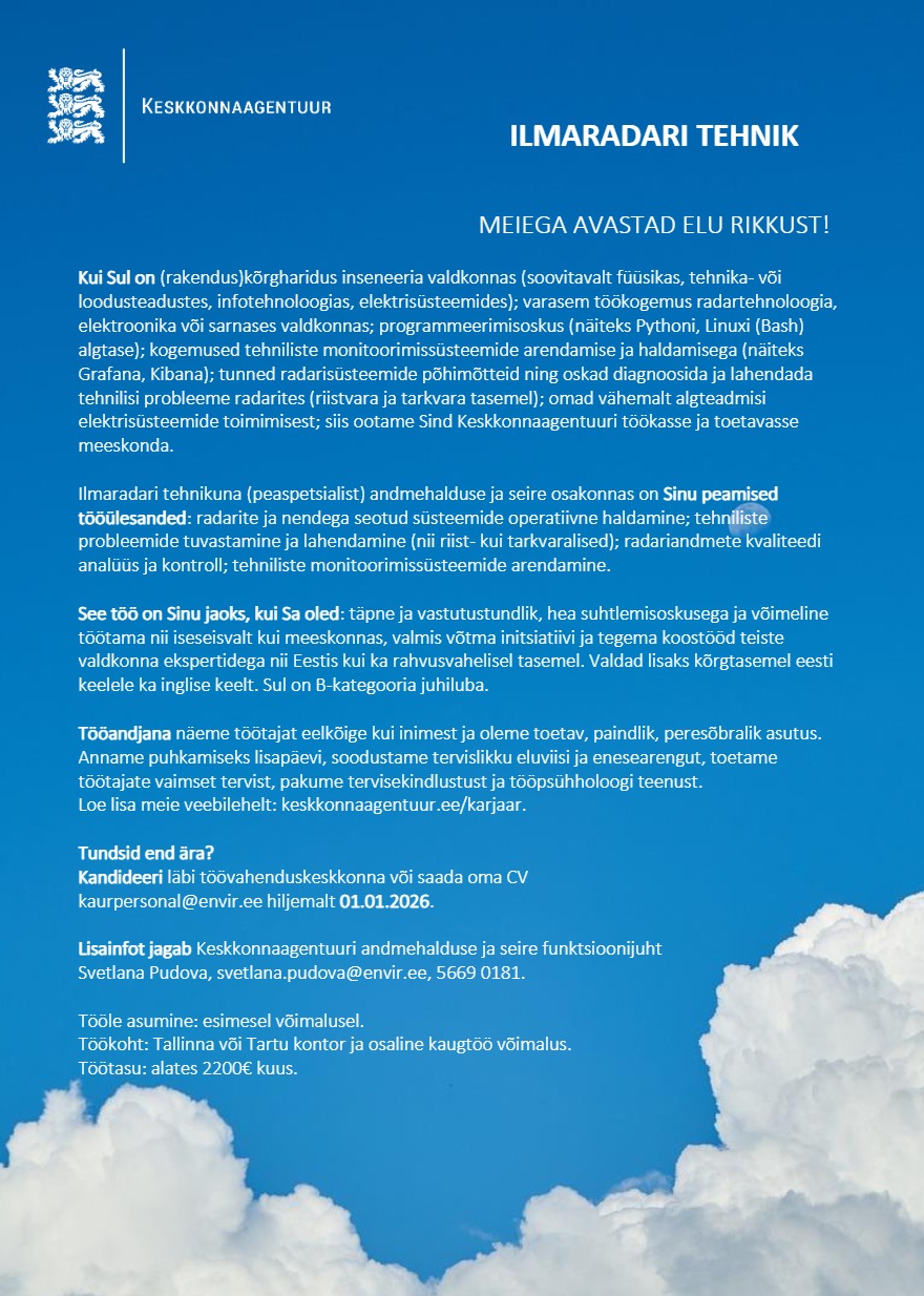 Tööpakkumise ILMARADARI TEHNIK (PEASPETSIALIST) kirjeldus