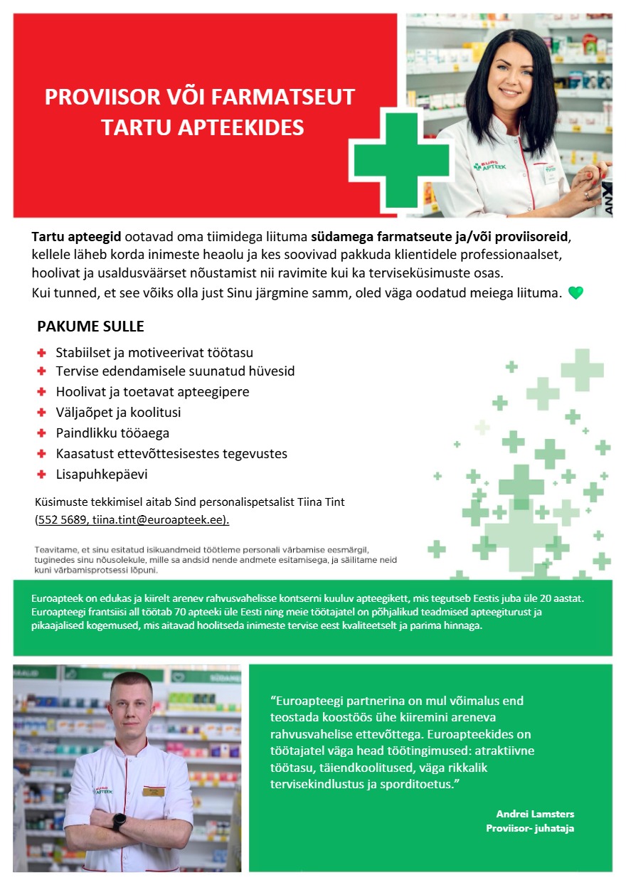 Tööpakkumise Tartu apteekide proviisor/farmatseut kirjeldus
