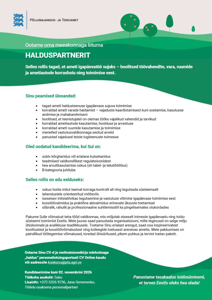 Tööpakkumise Halduspartner kirjeldus