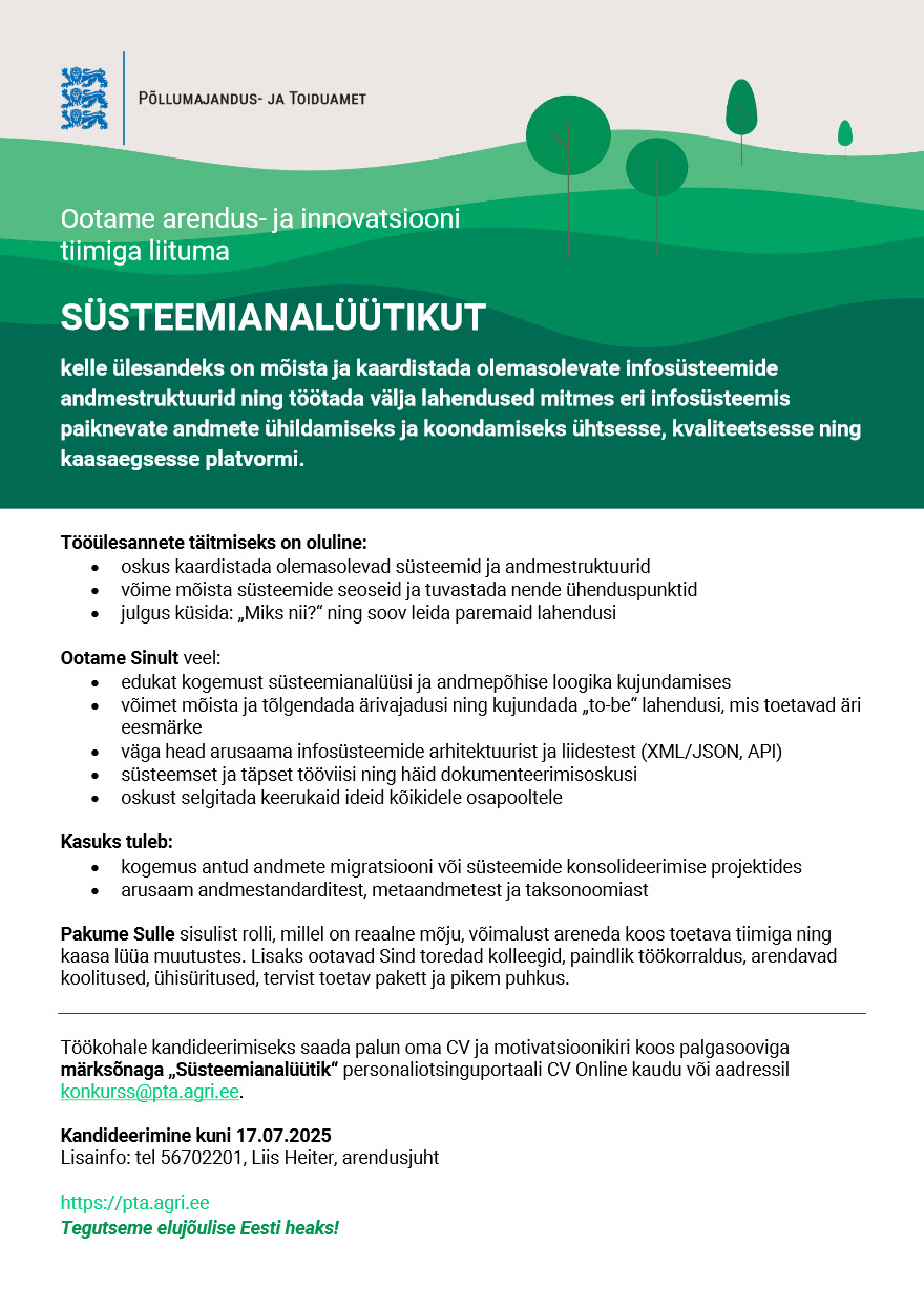 Tööpakkumise Süsteemianalüütik kirjeldus
