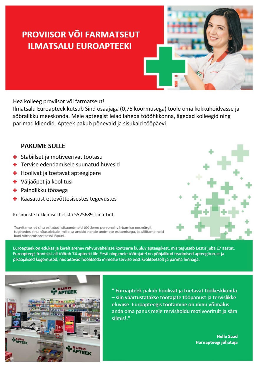 Tööpakkumise Proviisor või farmatseut Ilmatsalu Euroapteeki kirjeldus