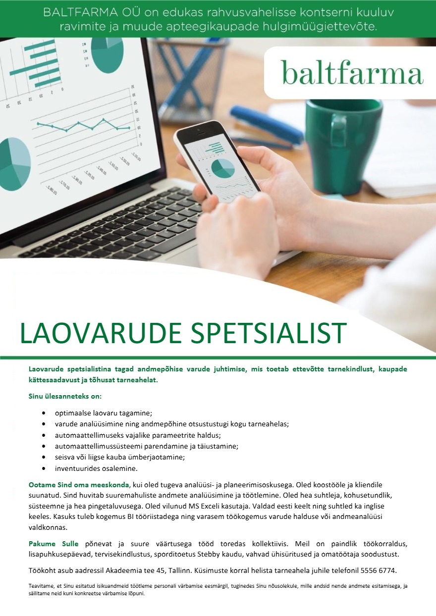 Tööpakkumise Laovarude spetsialist kirjeldus