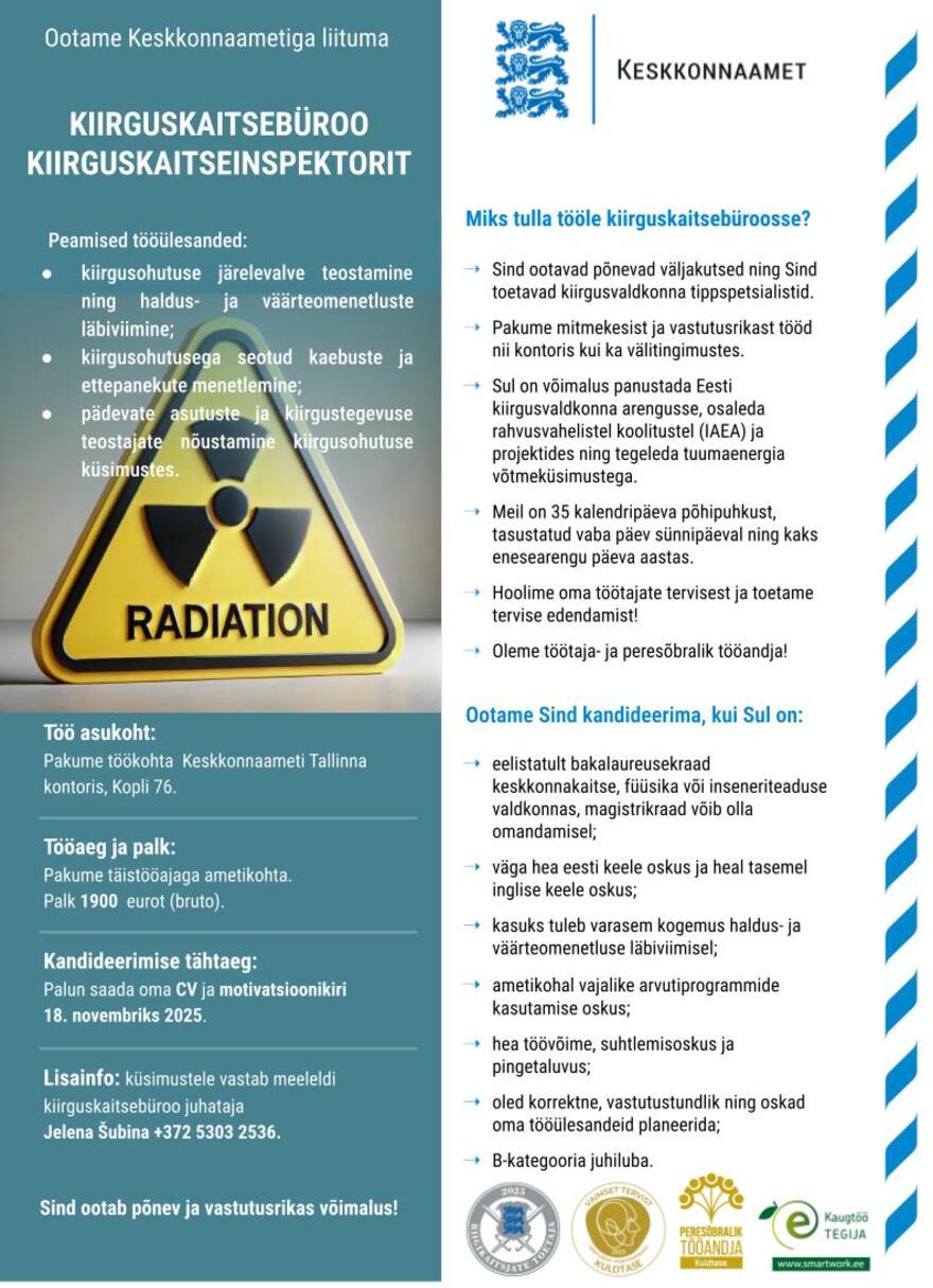 Tööpakkumise Kiirguskaitsebüroo kiirguskaitseinspektor kirjeldus