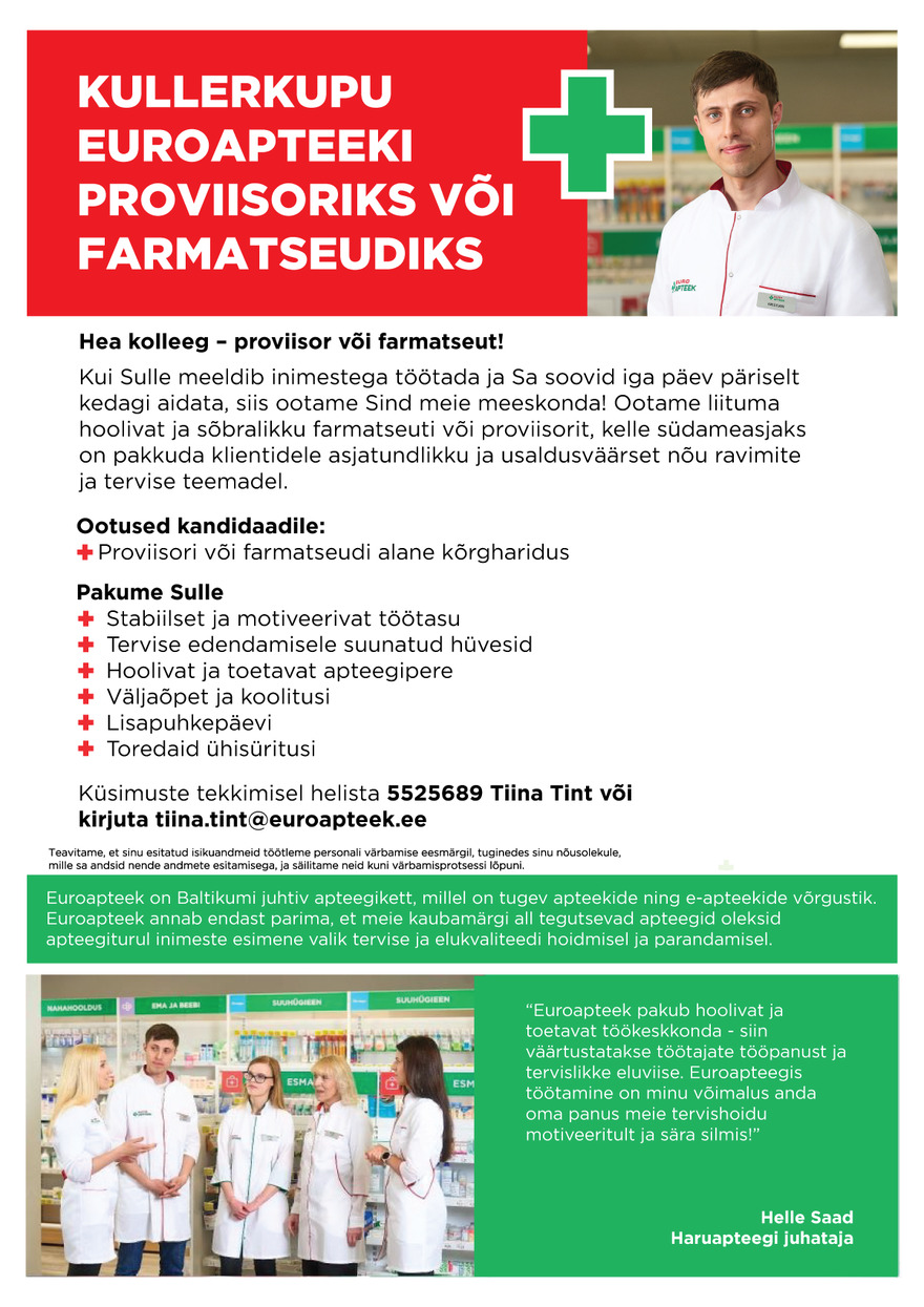 Tööpakkumise Kullerkupu Apteeki proviisor või farmatseut kirjeldus