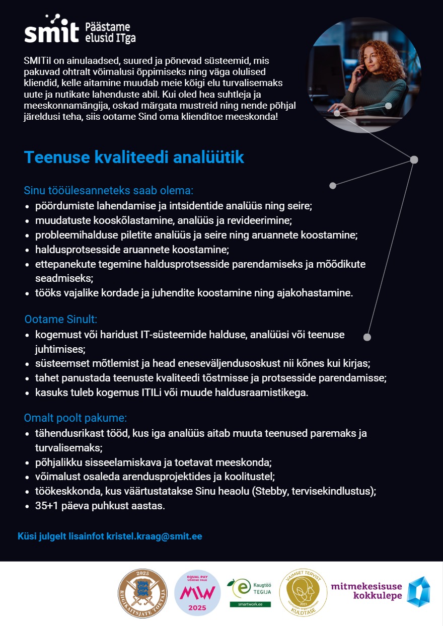 Tööpakkumise Teenuse kvaliteedi analüütik kirjeldus