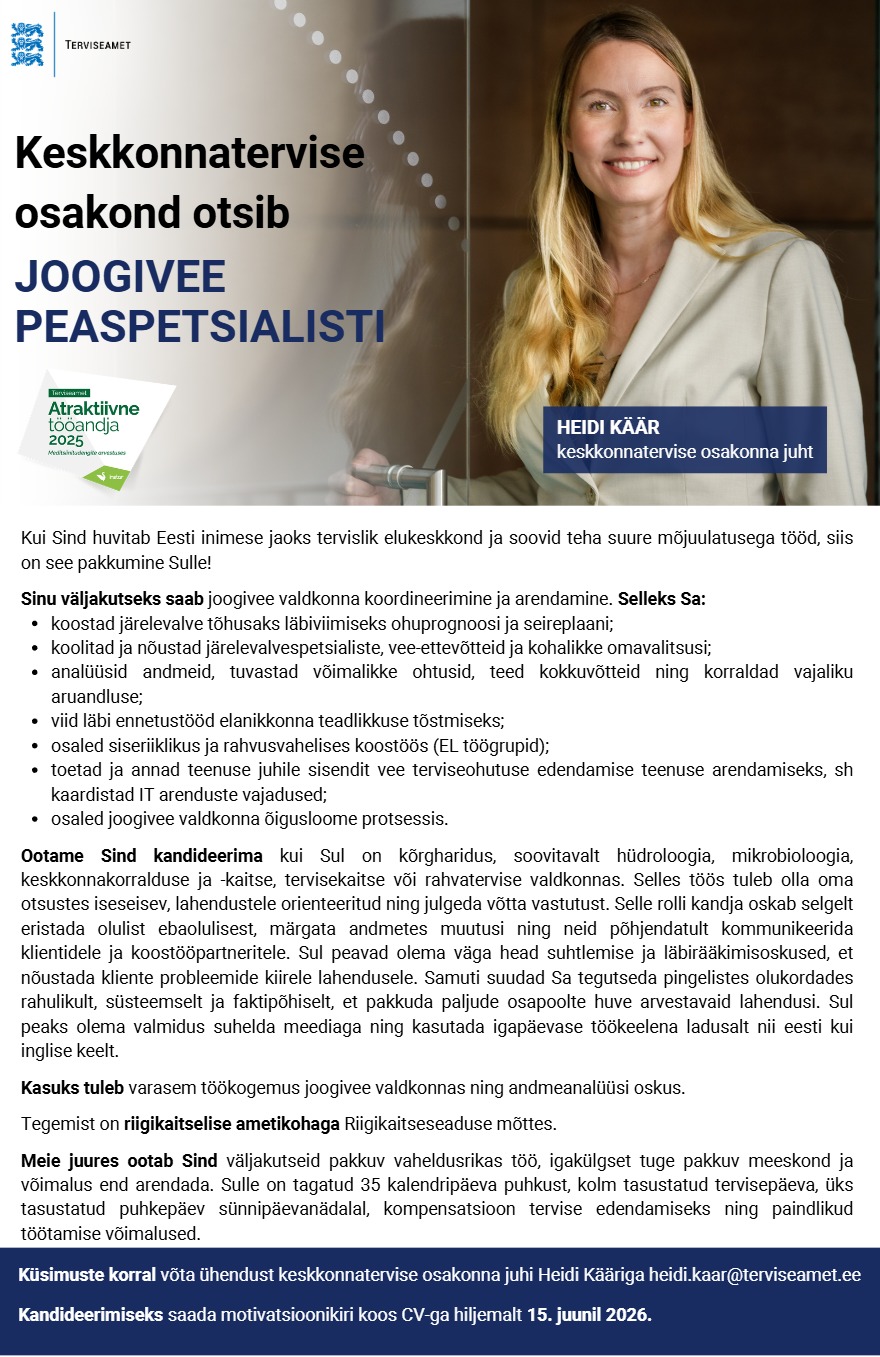 Tööpakkumise Joogivee peaspetsialist kirjeldus