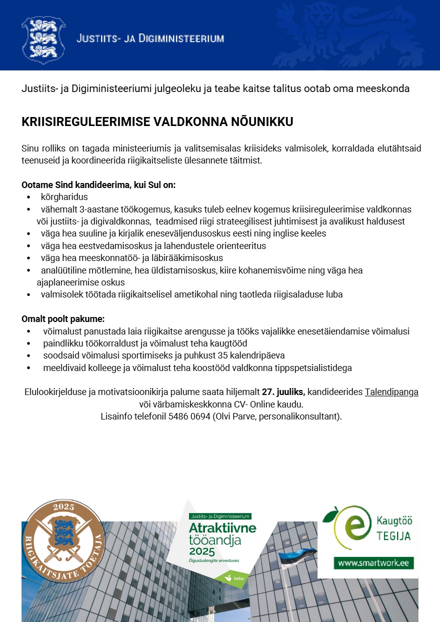 Tööpakkumise Kriisireguleerimise valdkonna nõunik kirjeldus