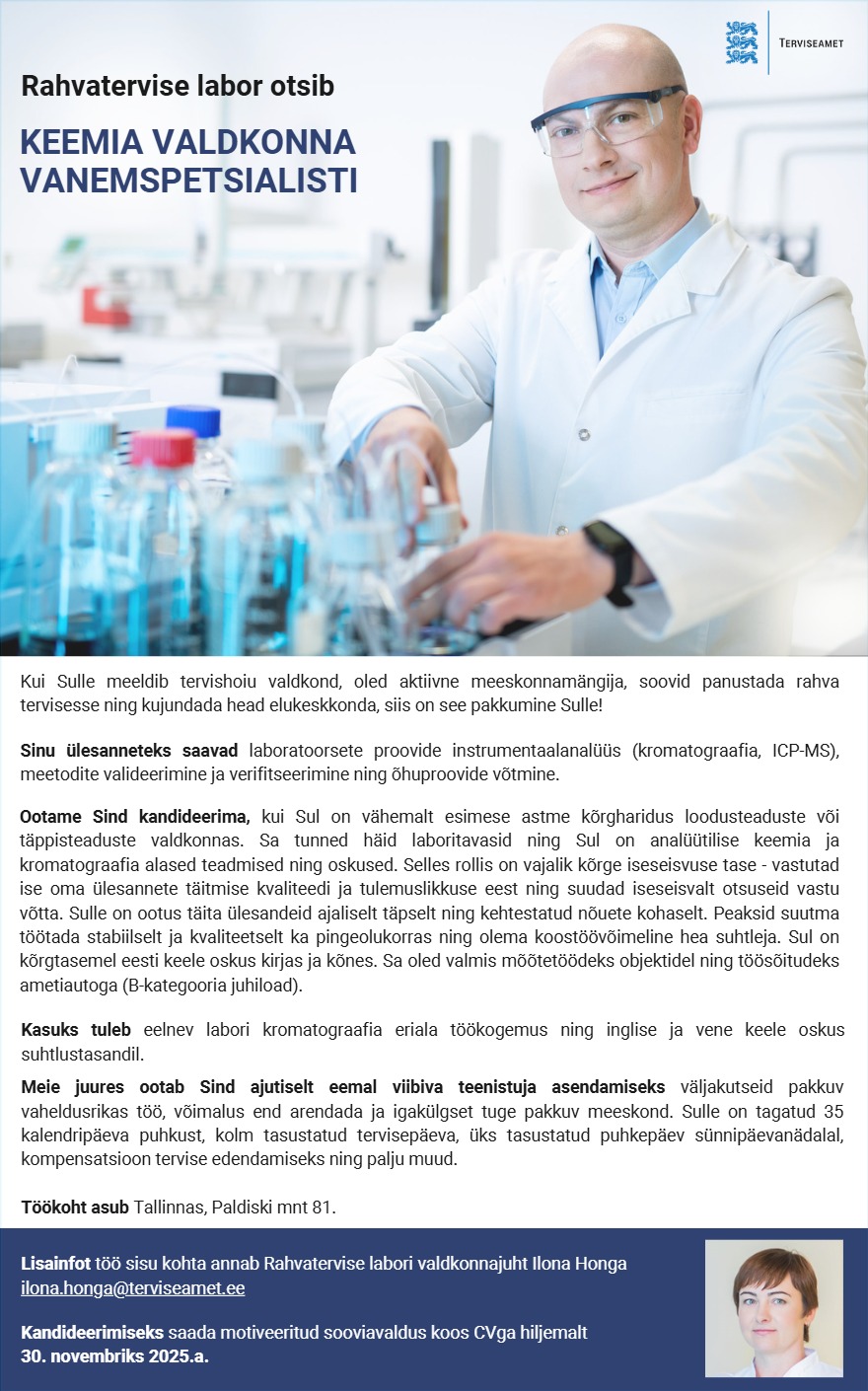 Tööpakkumise Keemia valdkonna vanemspetsialist kirjeldus