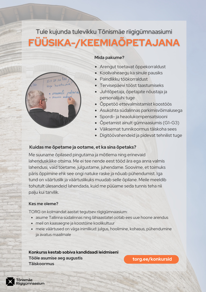 Tööpakkumise Füüsika- või keemiaõpetaja kirjeldus