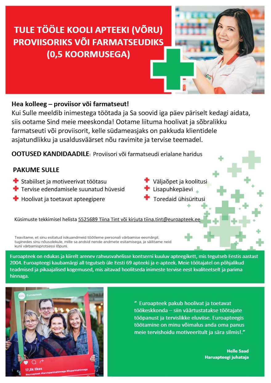 Tööpakkumise Võru Kooli apteegi proviisor või farmatseut osakoormusega (0,5 koormusega) kirjeldus