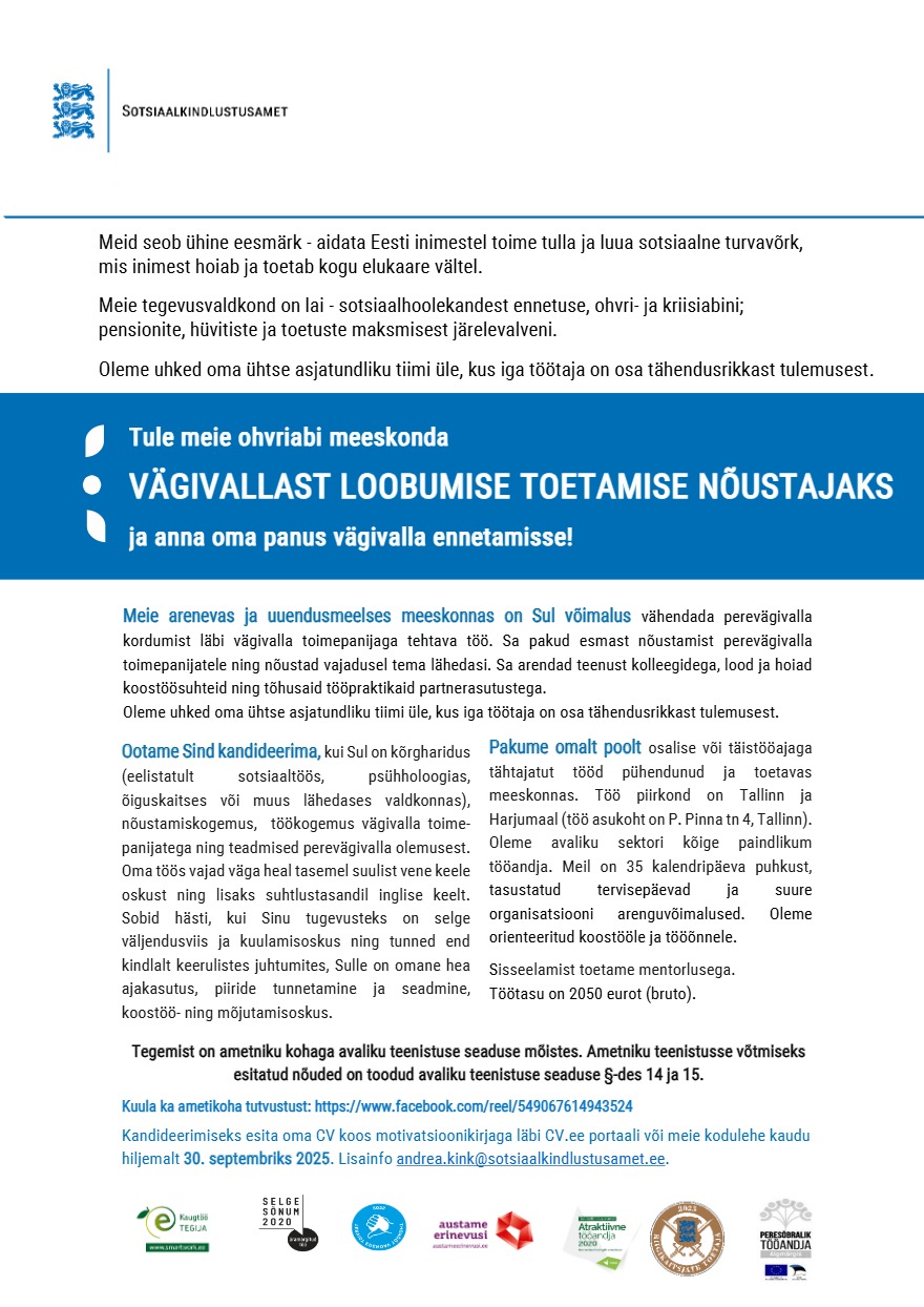 Tööpakkumise Vägivallast loobumise toetamise nõustaja kirjeldus