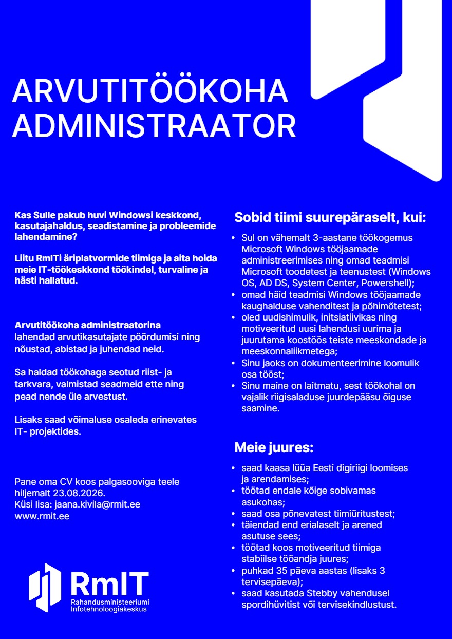 Tööpakkumise Arvutitöökoha administraator kirjeldus