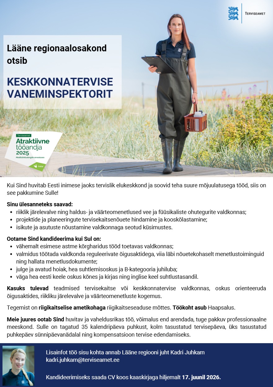 Tööpakkumise Keskkonnatervise vaneminspektor kirjeldus