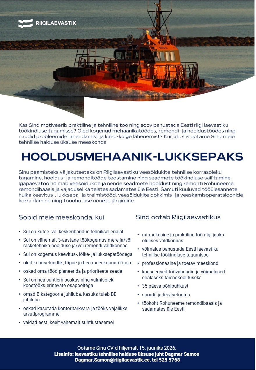 Tööpakkumise Hooldusmehaanik-lukksepp kirjeldus