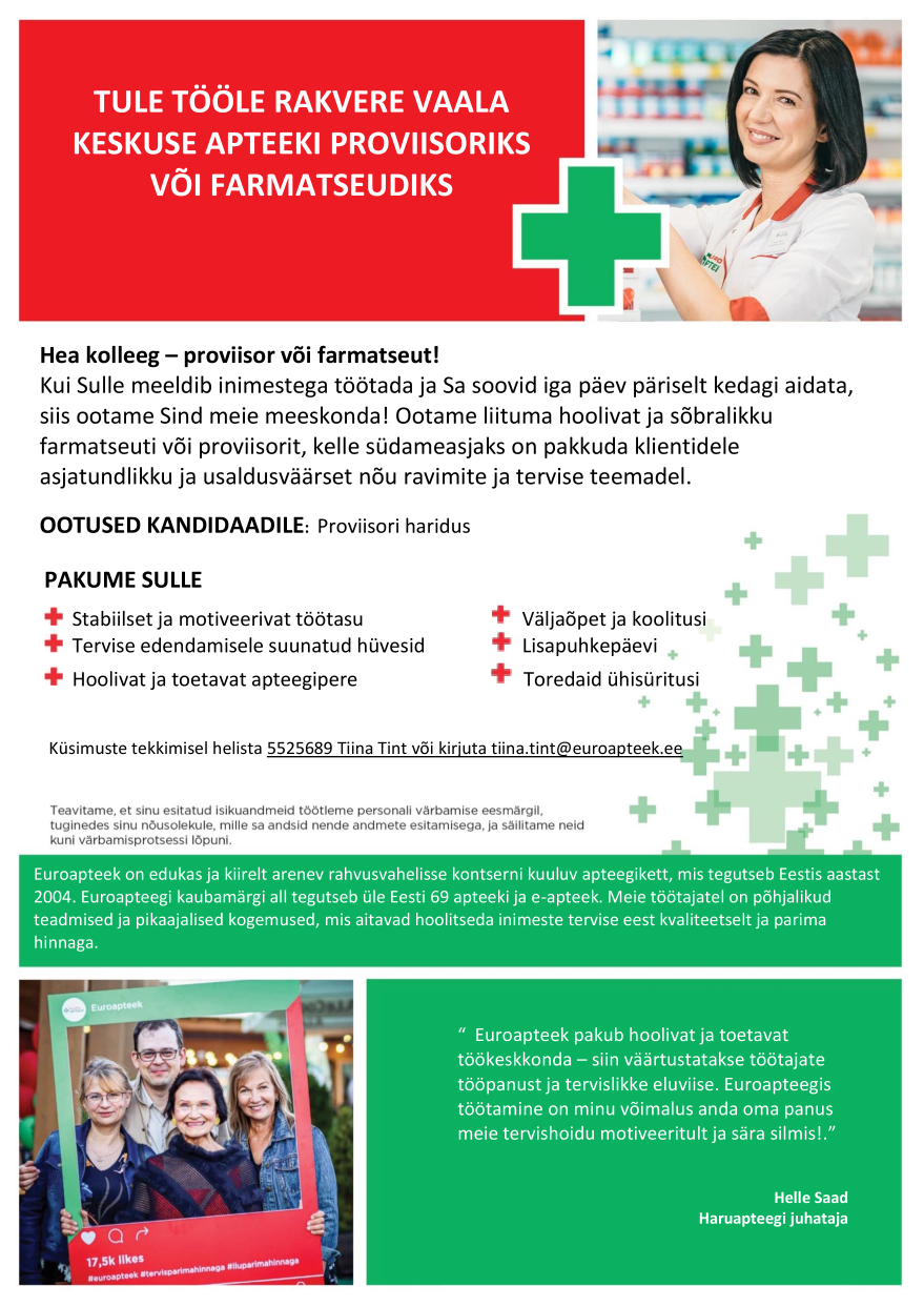Tööpakkumise Rakvere Vaala Keskuse proviisor või farmatseut kirjeldus