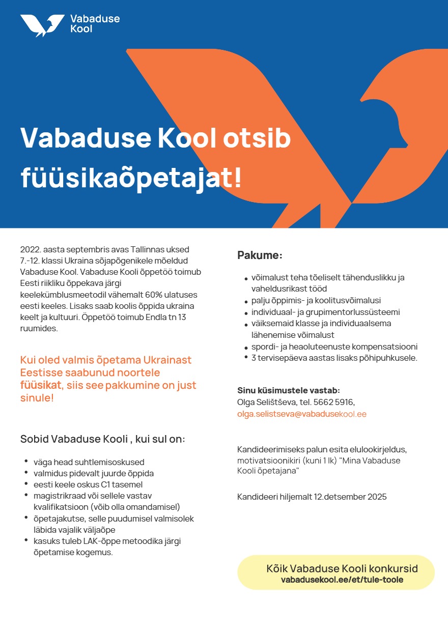 Tööpakkumise Füüsikaõpetaja Vabaduse Koolis kirjeldus