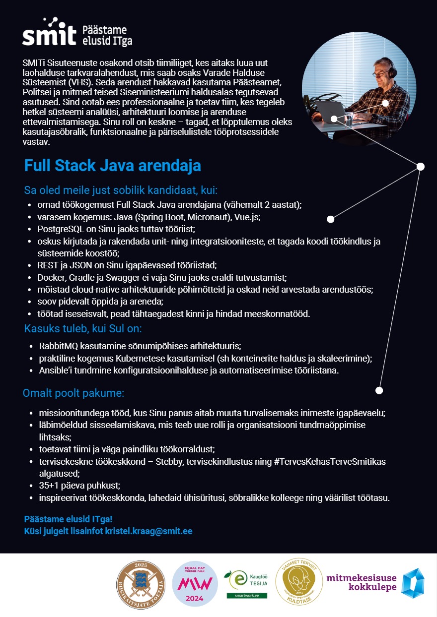 Tööpakkumise Full Stack Java arendaja (sisuteenused) kirjeldus