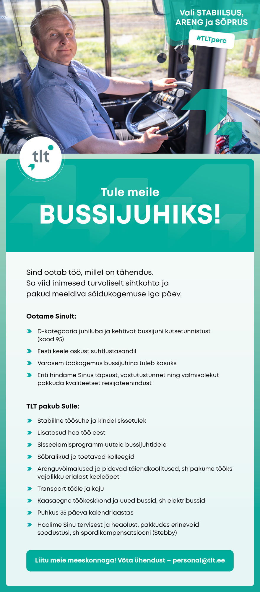 Tööpakkumise Tule meile bussijuhiks! kirjeldus