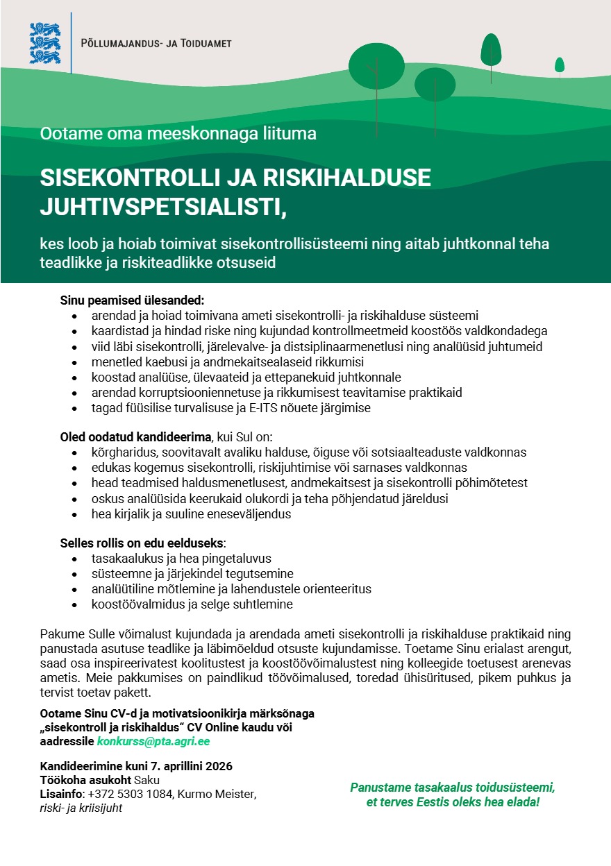 Tööpakkumise Sisekontrolli ja riskihalduse juhtivspetsialist kirjeldus