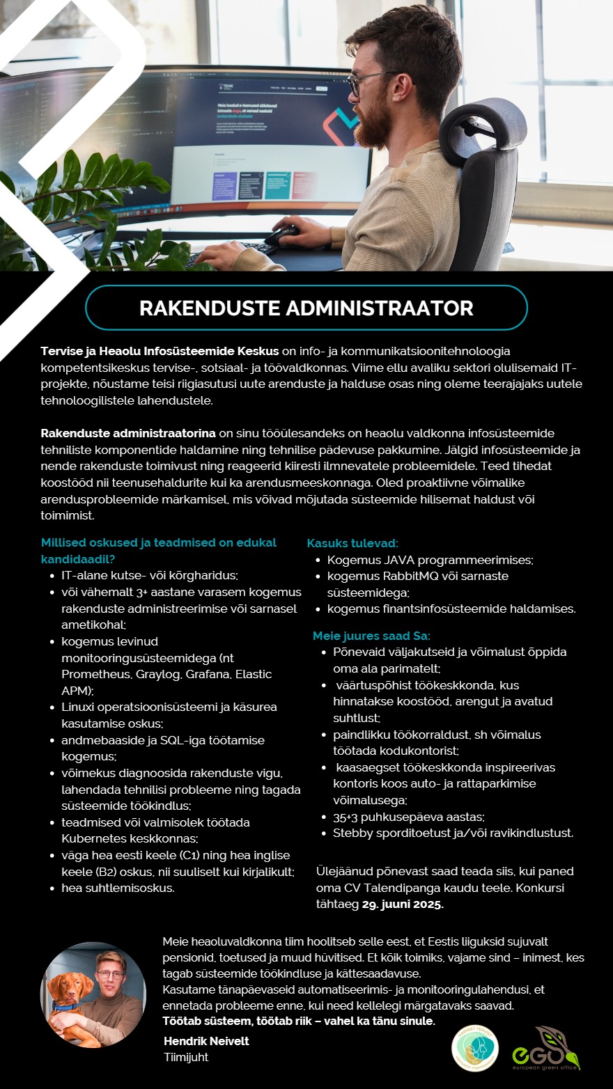 Tööpakkumise Rakenduste administraator kirjeldus