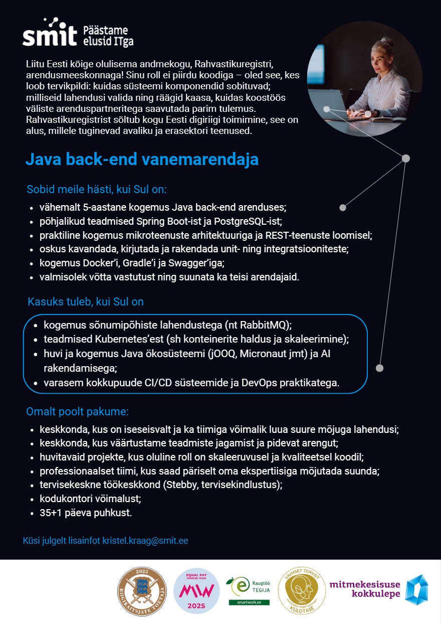 Tööpakkumise Java vanemarendaja (Rahvastikuregister) kirjeldus