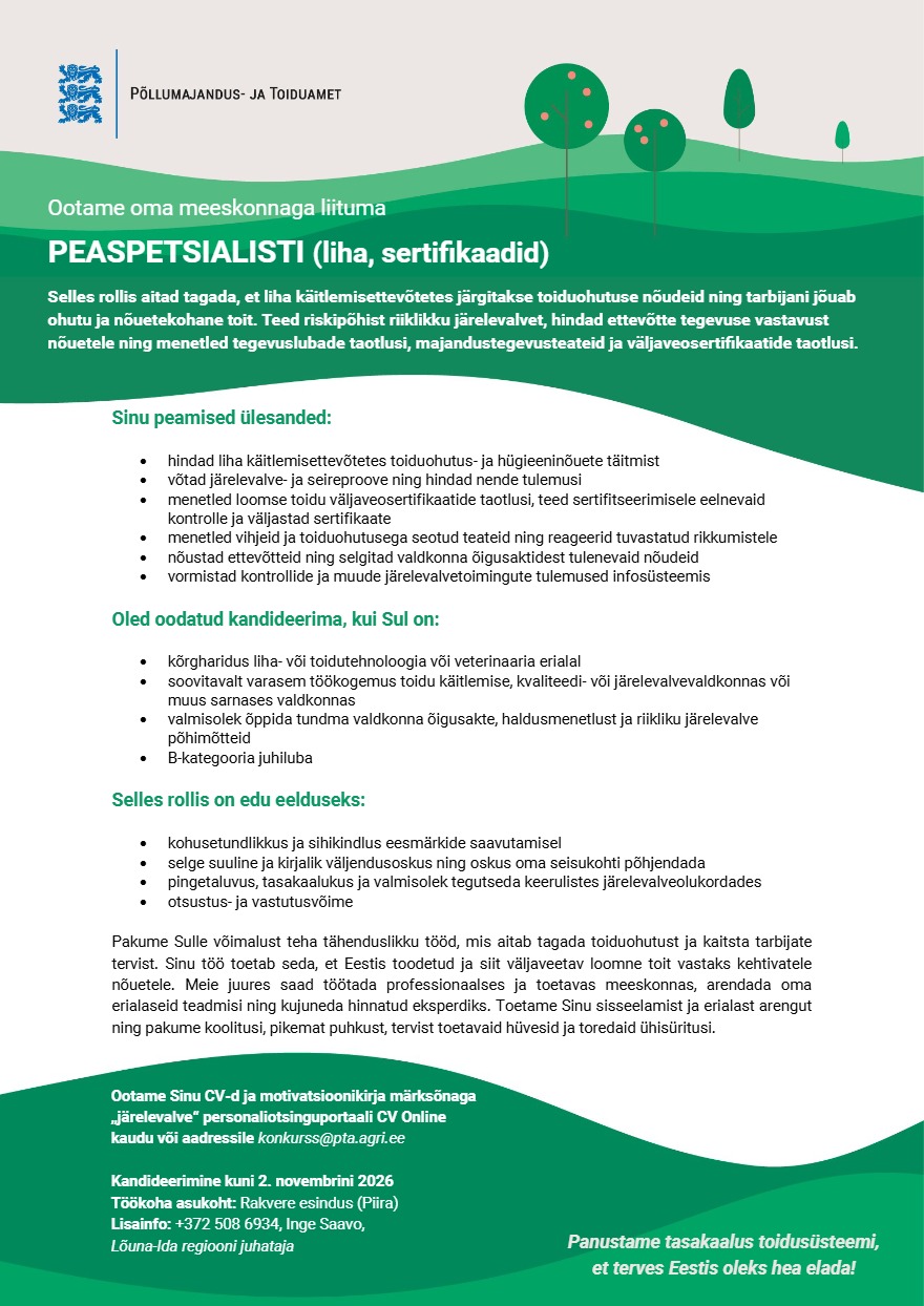 Tööpakkumise Järelevalve peaspetsialist kirjeldus