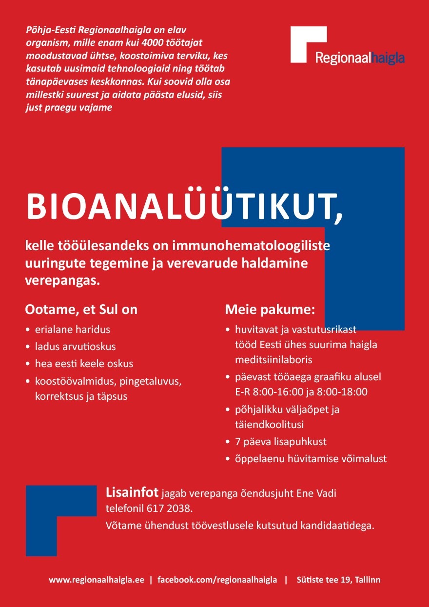 Tööpakkumise Bioanalüütik verepanka kirjeldus