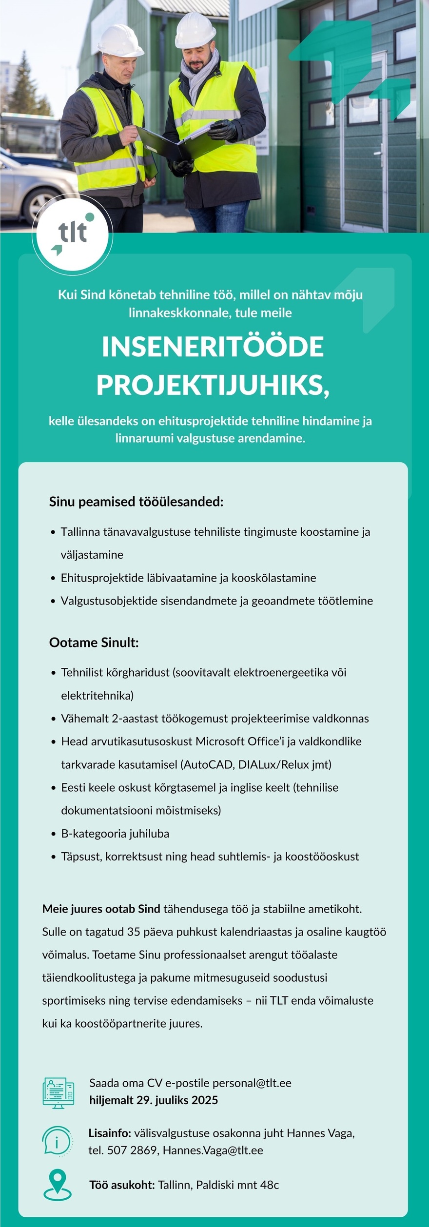 Tööpakkumise Inseneritööde projektijuht kirjeldus