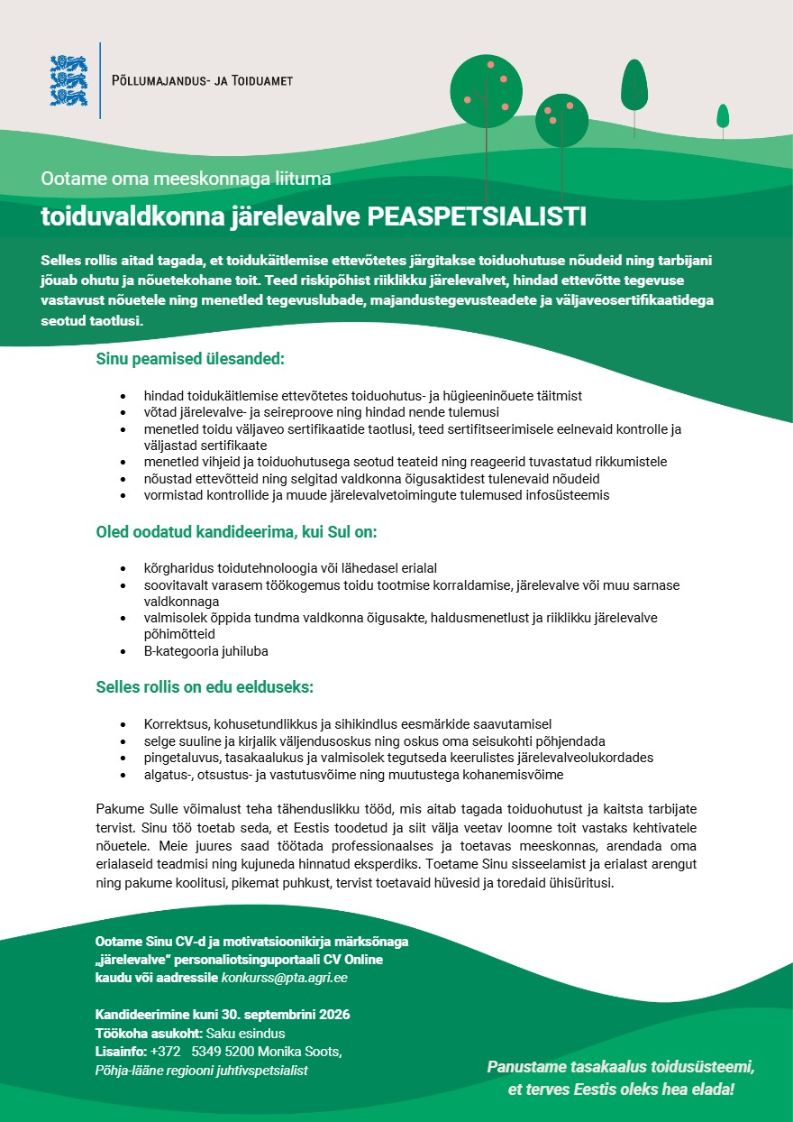 Tööpakkumise Põhja-lääne regiooni toiduvaldkonna peaspetsialist kirjeldus