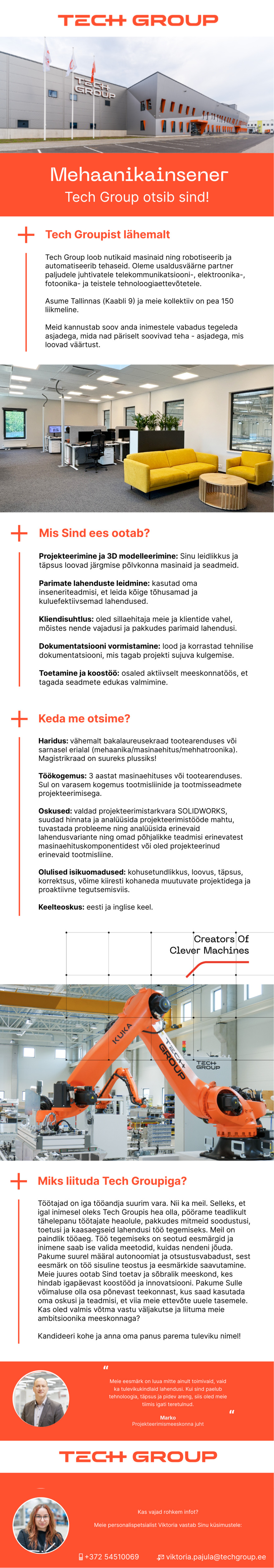 Tööpakkumise Mehaanikainsener kirjeldus