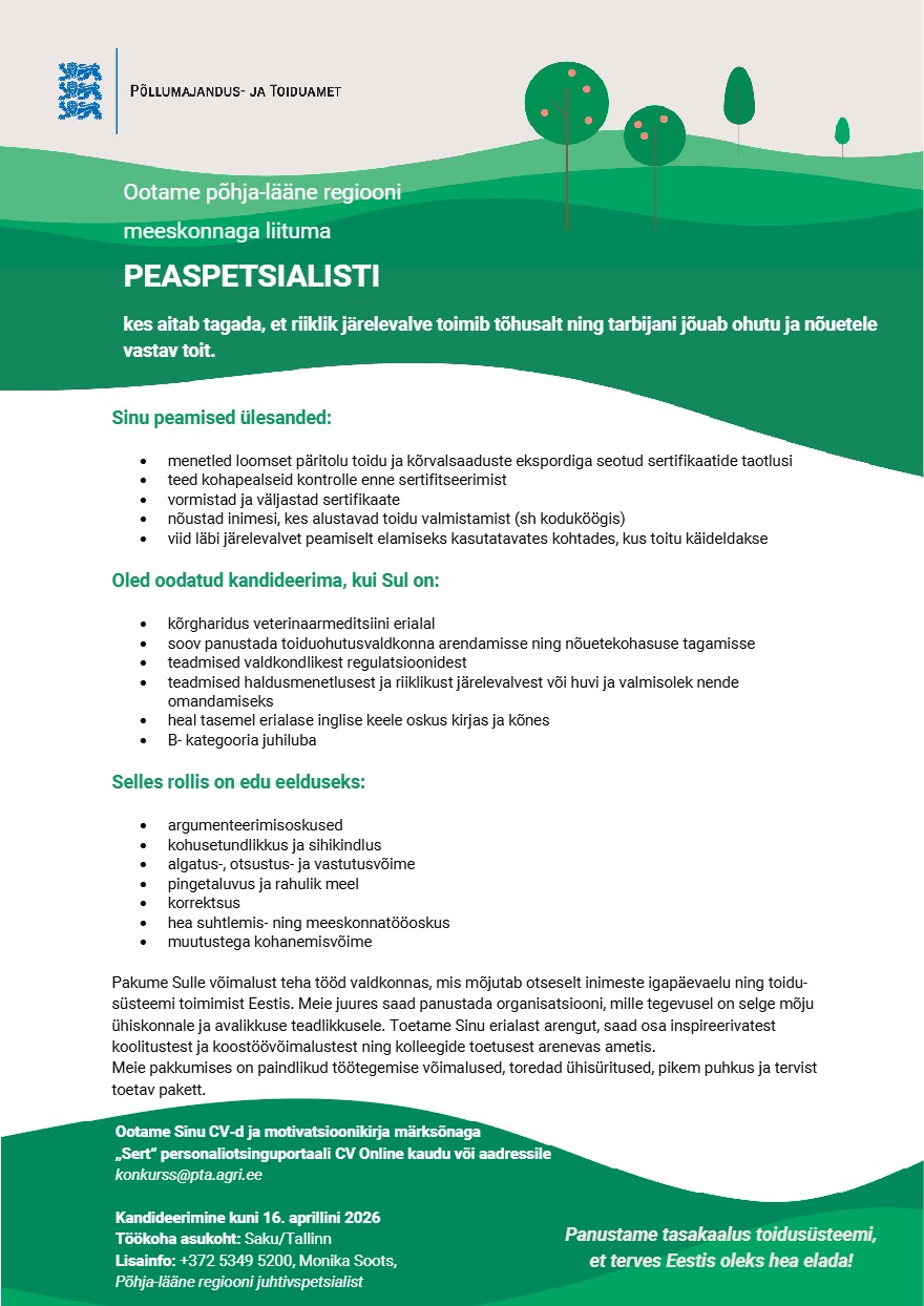 Tööpakkumise Peaspetsialist kirjeldus