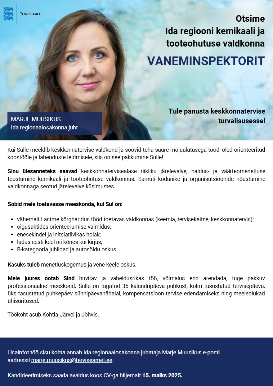 Tööpakkumise Kemikaali ja tooteohutuse valdkonna vaneminspektor kirjeldus