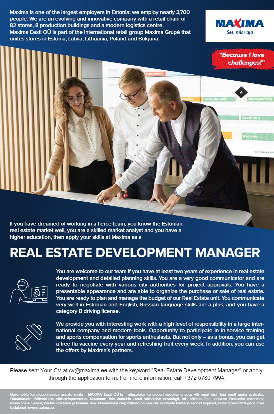Tööpakkumise Real Estate Development Manager kirjeldus