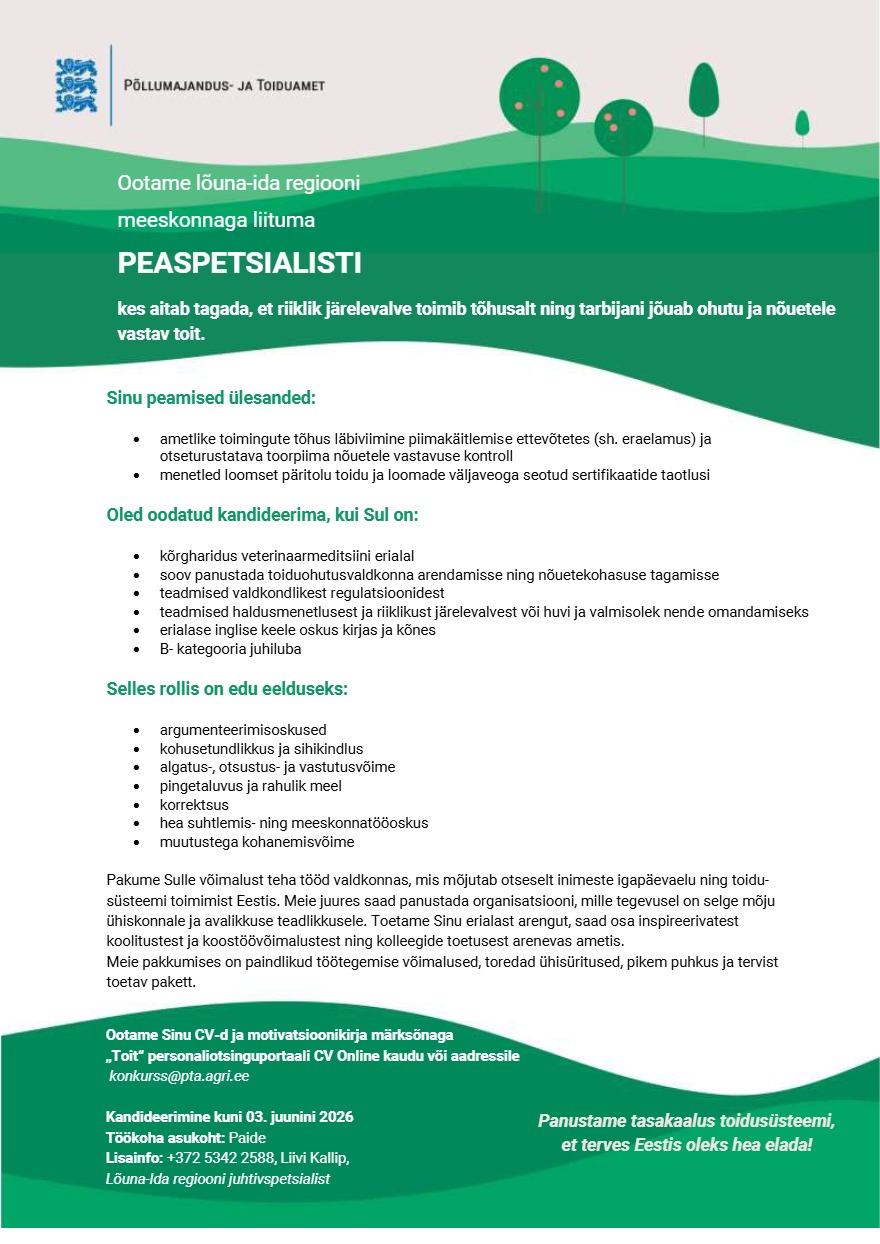 Tööpakkumise Peaspetsialist kirjeldus