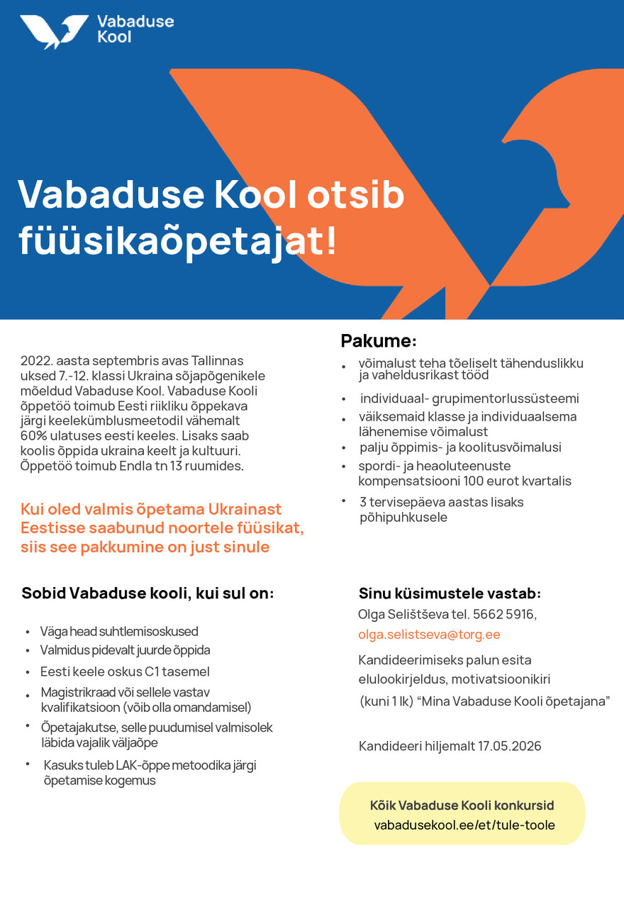 Tööpakkumise Füüsikaõpetaja Vabaduse Koolis kirjeldus