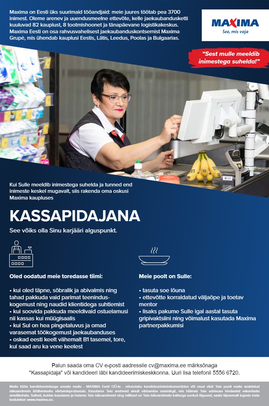 Tööpakkumise Kassapidaja-müüja Rapla Maximas (Tallinna mnt 50a) kirjeldus