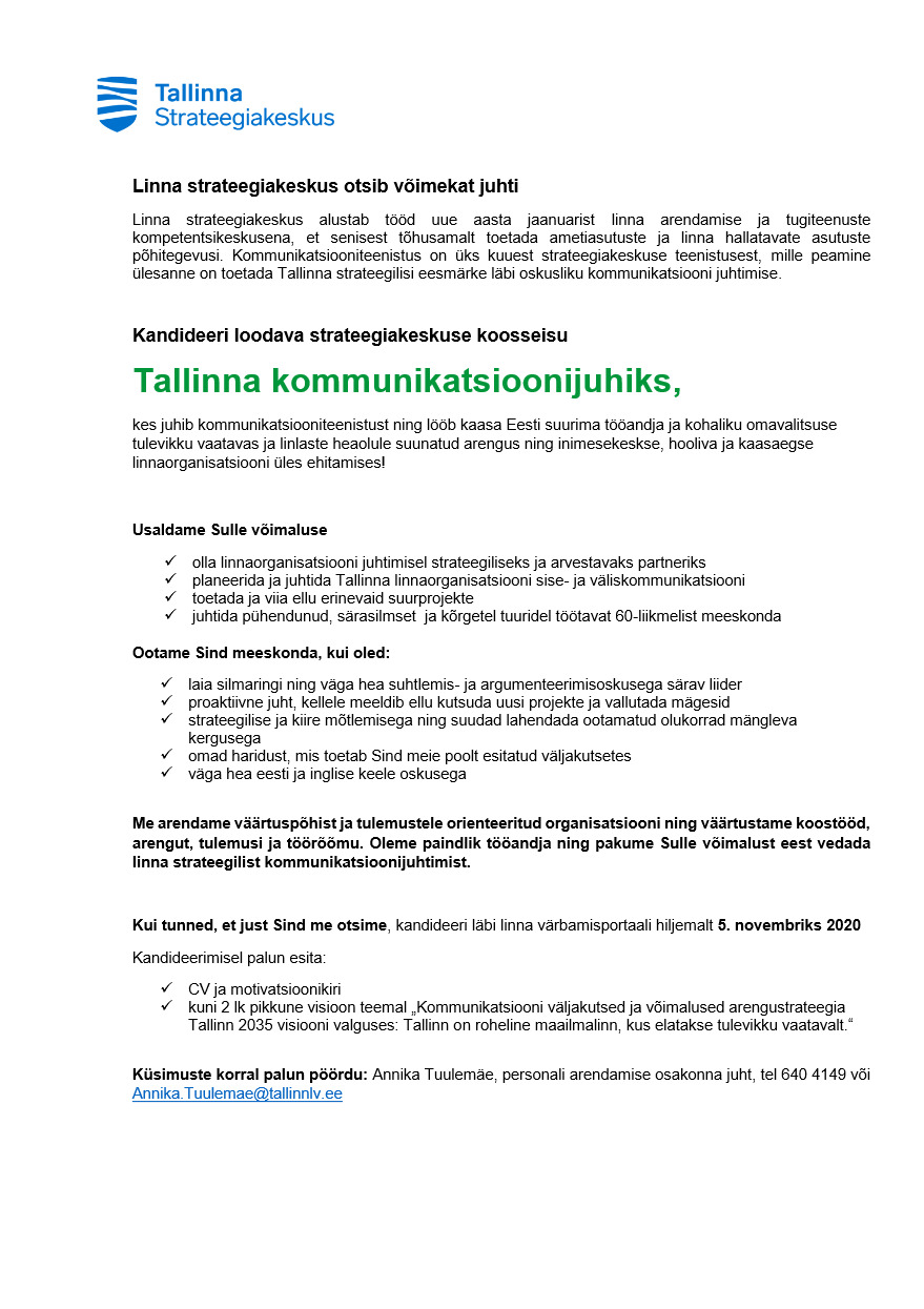 Tööpakkumise Tallinna kommunikatsioonijuht kirjeldus