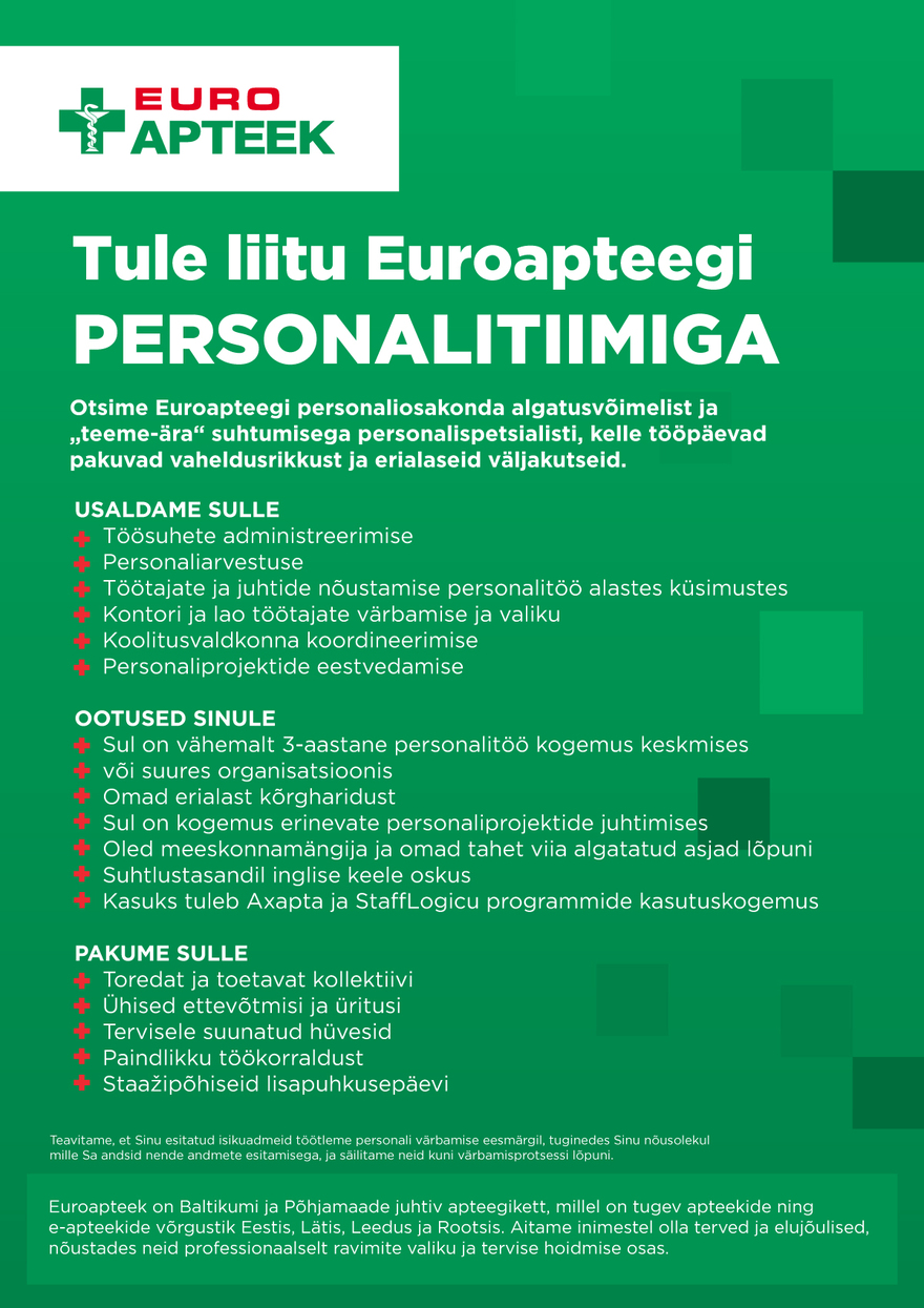 Tööpakkumise Personalispetsialist kirjeldus