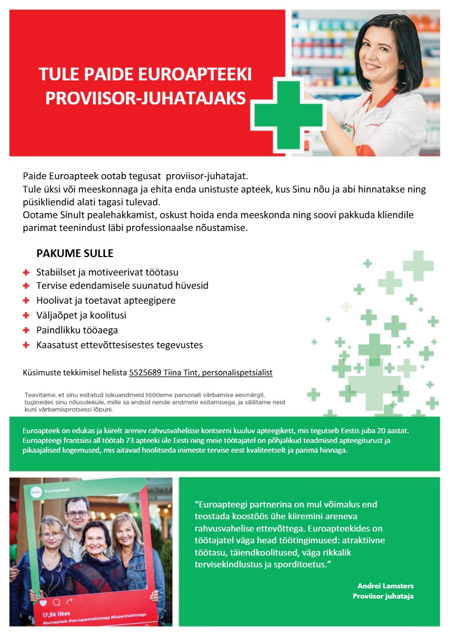 Tööpakkumise Proviisor-juhataja Paide Euroapteeki kirjeldus