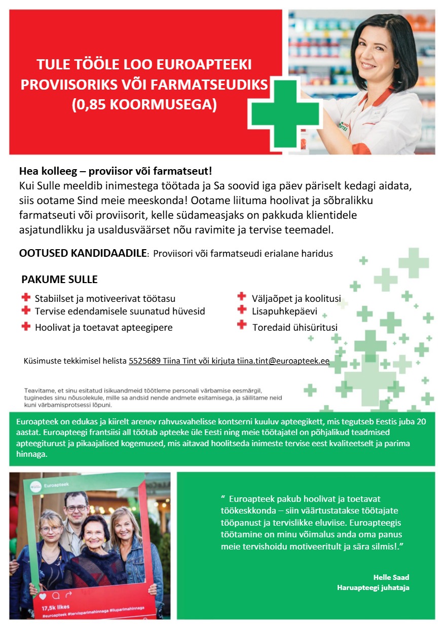 Tööpakkumise Loo apteegi proviisor-farmatseut 0,85 koormusega kirjeldus