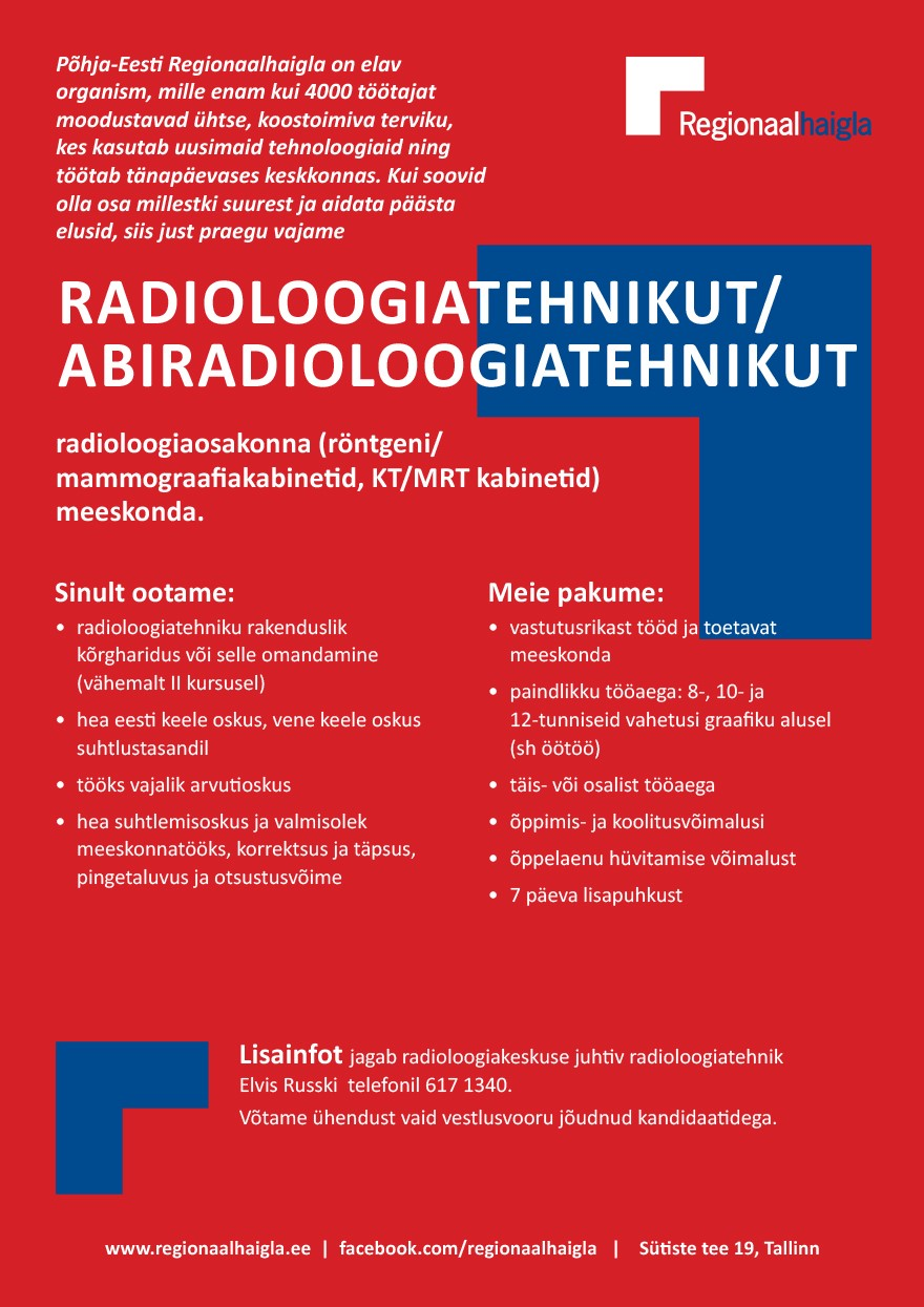 Tööpakkumise Radioloogiatehnik / abiradioloogiatehnik radioloogiaosakonda kirjeldus