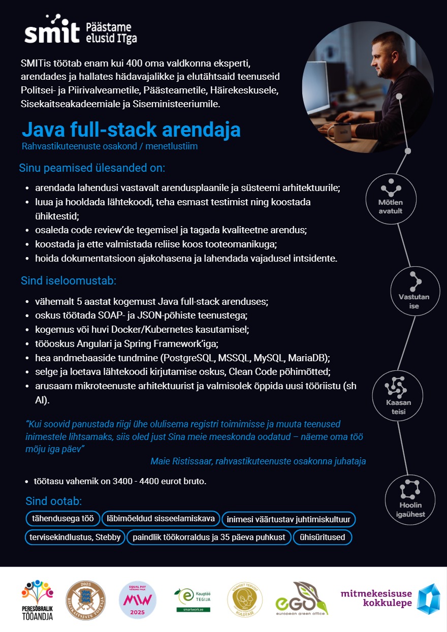 Tööpakkumise Java Full Stack arendaja kirjeldus