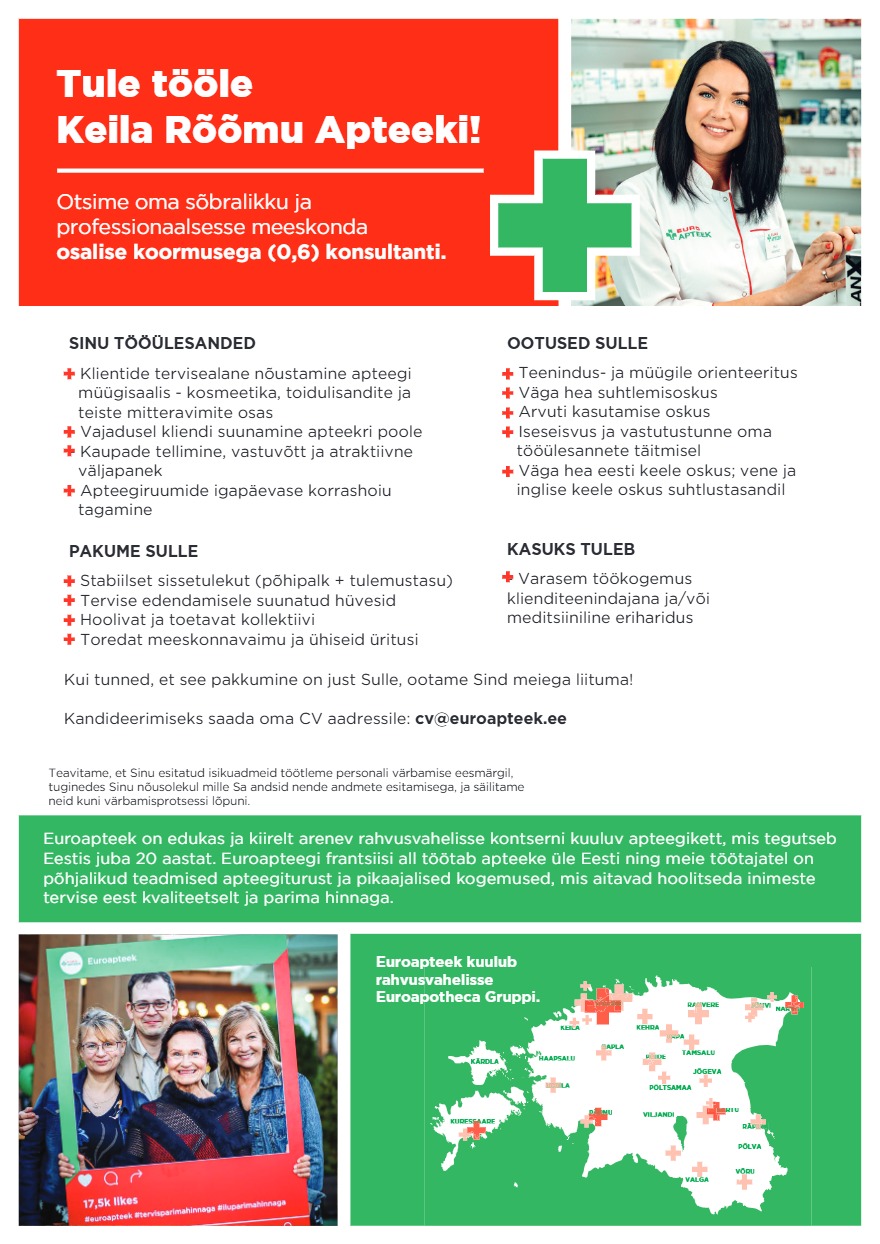 Tööpakkumise Keila Rõõmu  Apteegi konsultant 0,6 koormusega kirjeldus