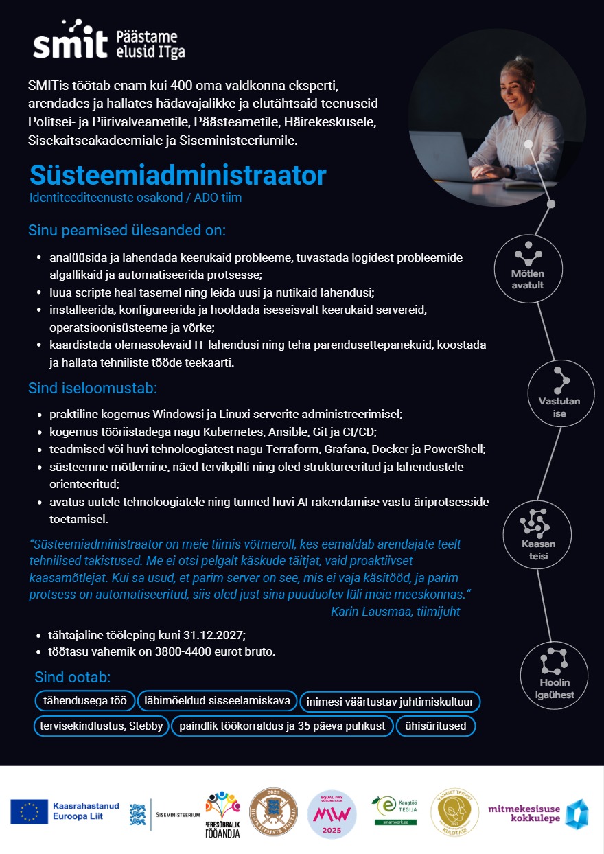 Tööpakkumise Süsteemiadministraator kirjeldus