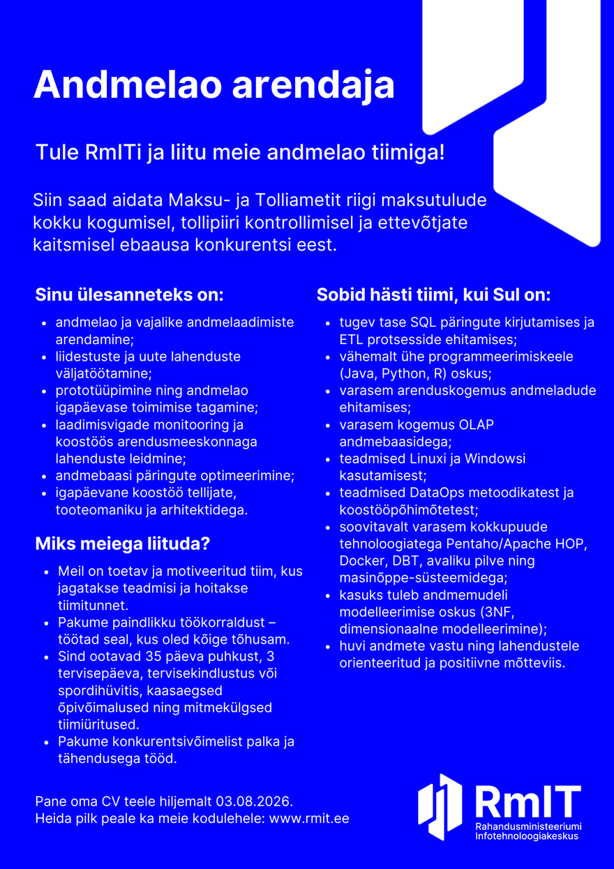 Tööpakkumise Andmelao arendaja kirjeldus