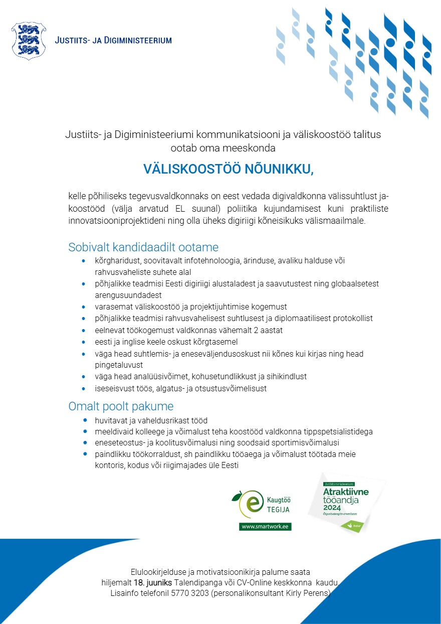 Tööpakkumise Väliskoostöö nõunik kirjeldus